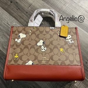 Coach X Peanuts Dempsey Carryall In Signature Canvas With Snoopy Woodstock Print